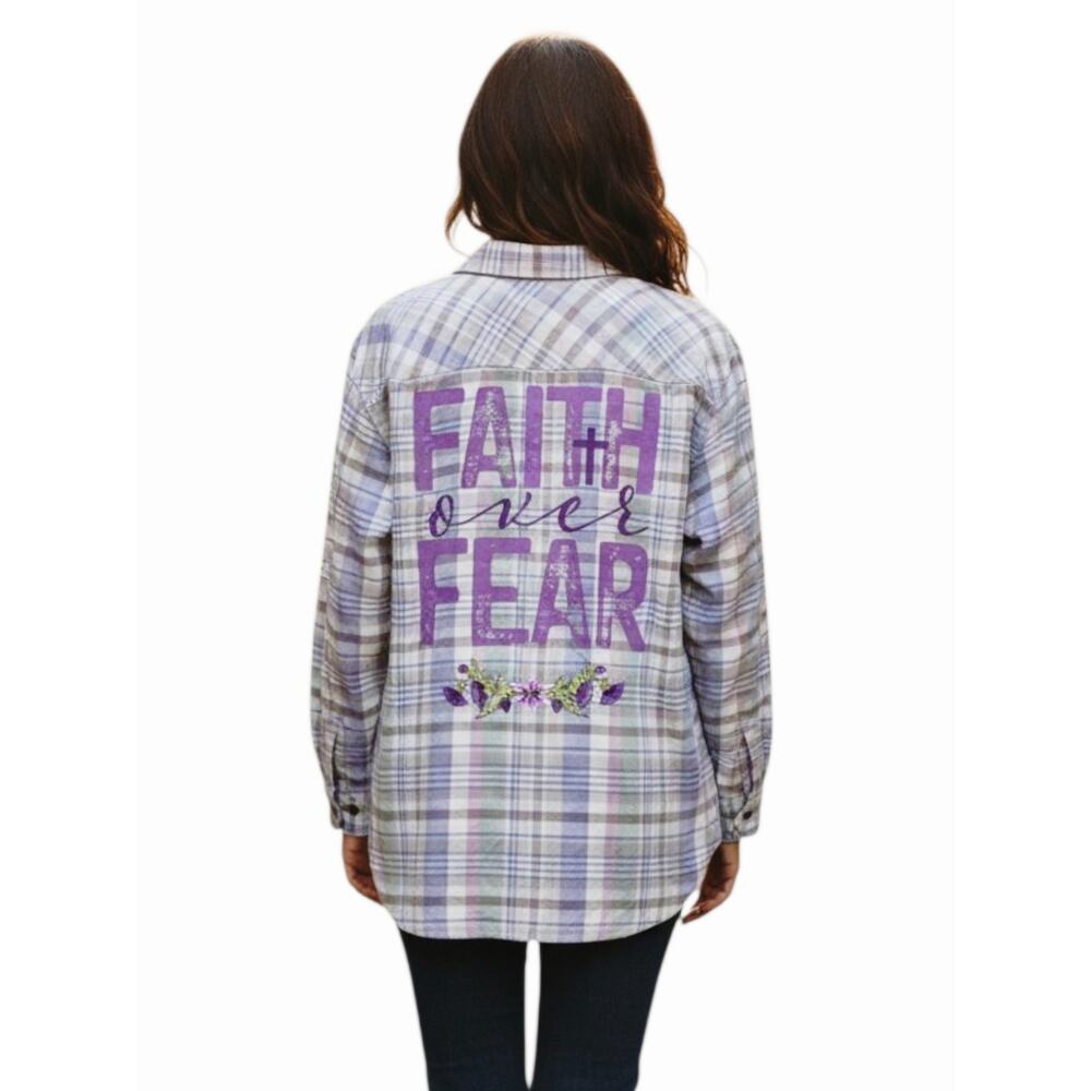 Faith Over Fear Repurposed Christian Plaid Flannel Shirt/Jacket, 1X